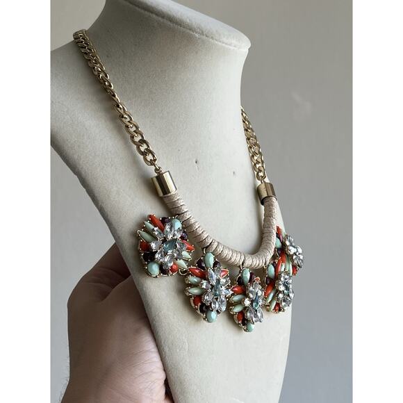 Colorful Jeweled Multicolor Orange Rhinestones Statement Bib Necklace 20” - Picture 2 of 6